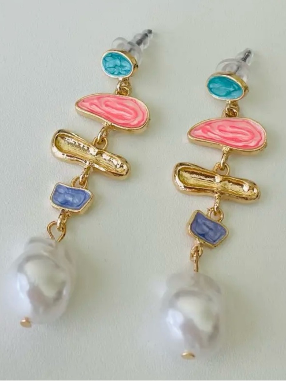 Gold-Tone Multi-Color Drop Earrings with Pink, Turquoise and Blue Accents